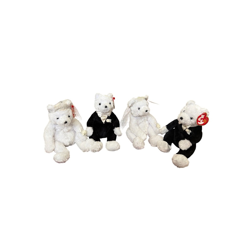 Ty Bride and Groom Beanie Babies Wedding Bear Set White Black 4 Piece Lot